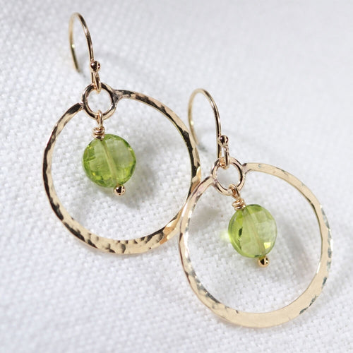 Peridot gemstone and Hammered Hoop Earrings in 14 kt Gold Filled