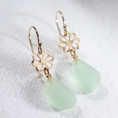 Sea foam Sea Glass Earrings on hammered 14 kt gold-filled flowers