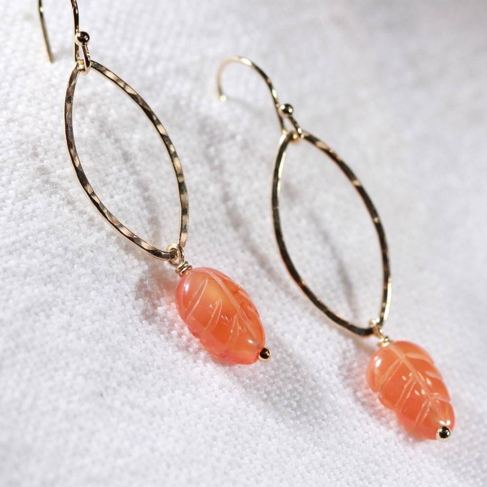 Carnelian Hammered marquise Hoop Earrings in 14 kt Gold Filled