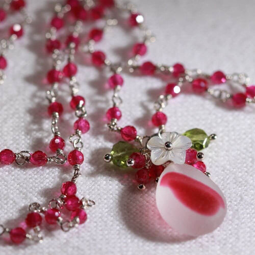 Bright Pink Bouquet Multi sea glass with a Tourmaline gemstone chain in Sterling Silver