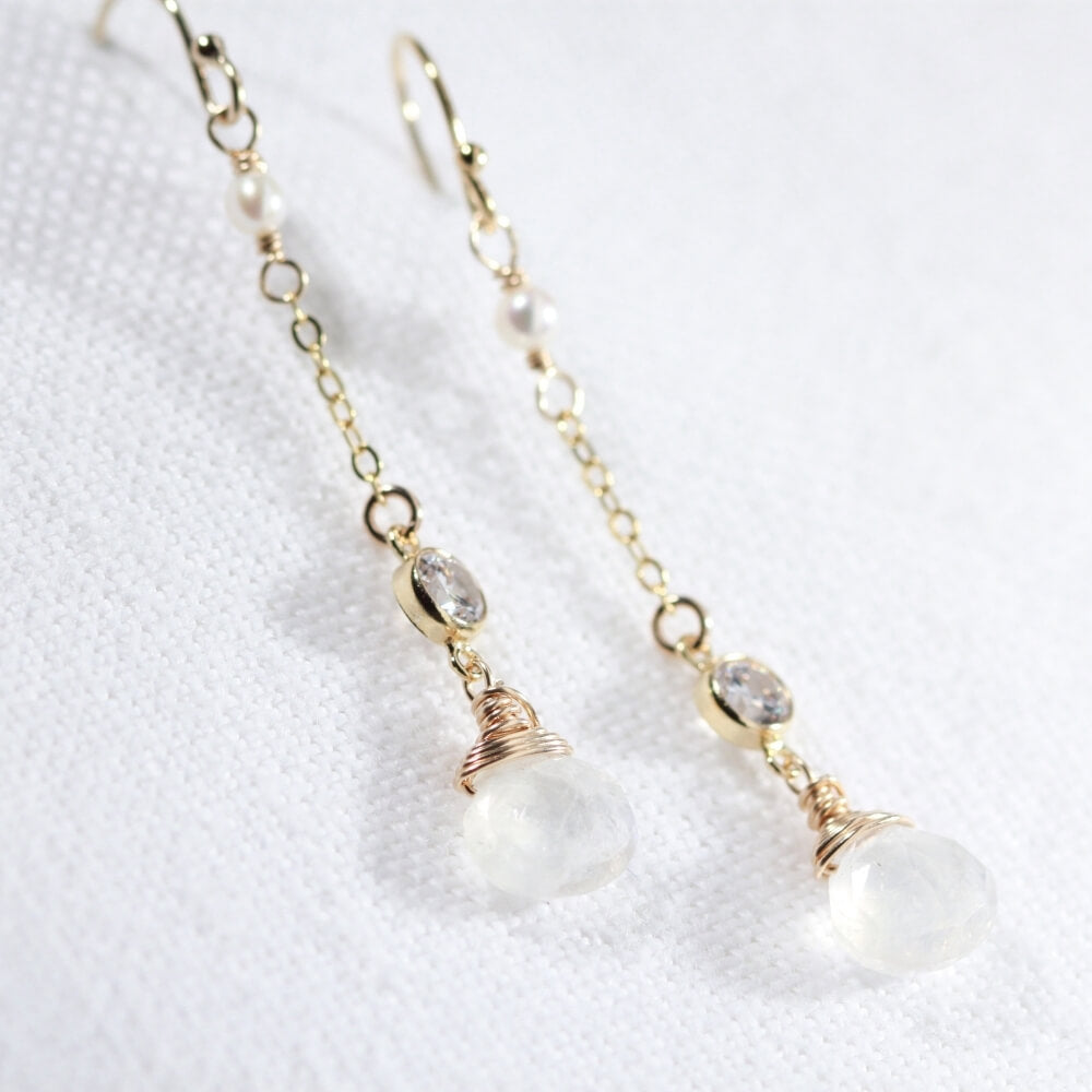 Moonstone, Rainbow gemstone and CZ Chain Dangle Earrings in 14 kt Gold Filled