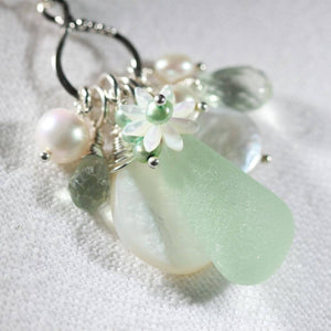 Sea Foam Green Sea Glass, Green Amethyst and Freshwater Pearl Treasure Necklace