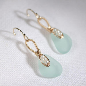 Aqua Sea Glass and pearl Earrings in 14 kt gold-filled