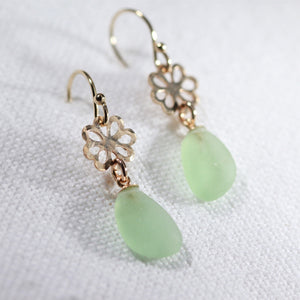 Sea Foam Green Sea Glass Earrings on hammered 14 kt gold-filled flower.