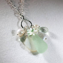 Load image into Gallery viewer, Sea Foam Green Sea Glass, Green Amethyst and Freshwater Pearl Treasure Necklace