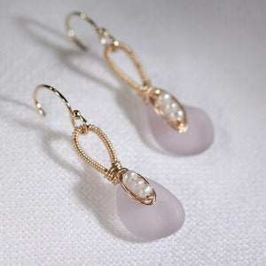 Lavender Sea Glass and pearl Earrings in 14 kt gold-filled