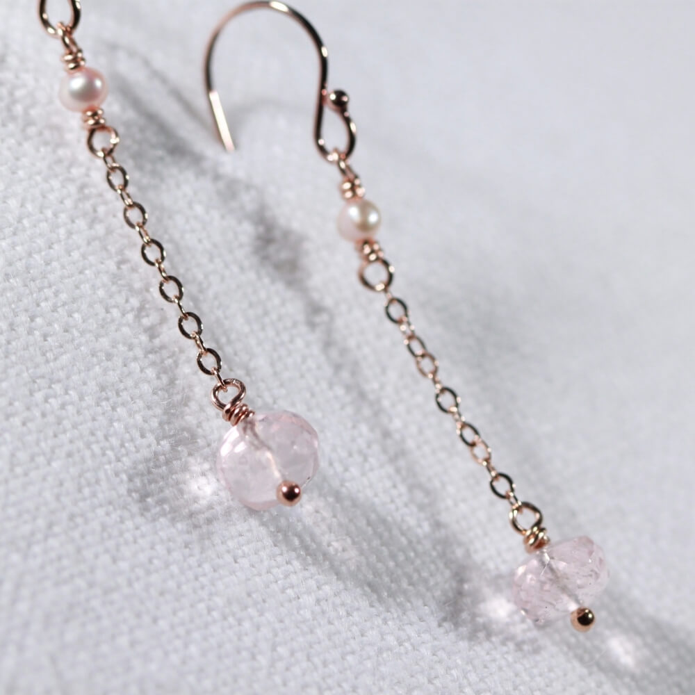 Rose Quartz and Chain Dangle Earrings in 14 kt Rose Gold Filled