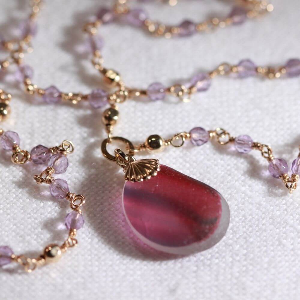 Pink/Purple English Multi sea glass and Amethyst gemstone chain in 14kt GF