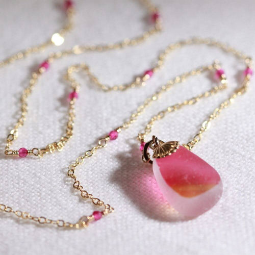 Bright Pink/yellow English Multi sea glass and Ruby gemstone chain in 14kt GF