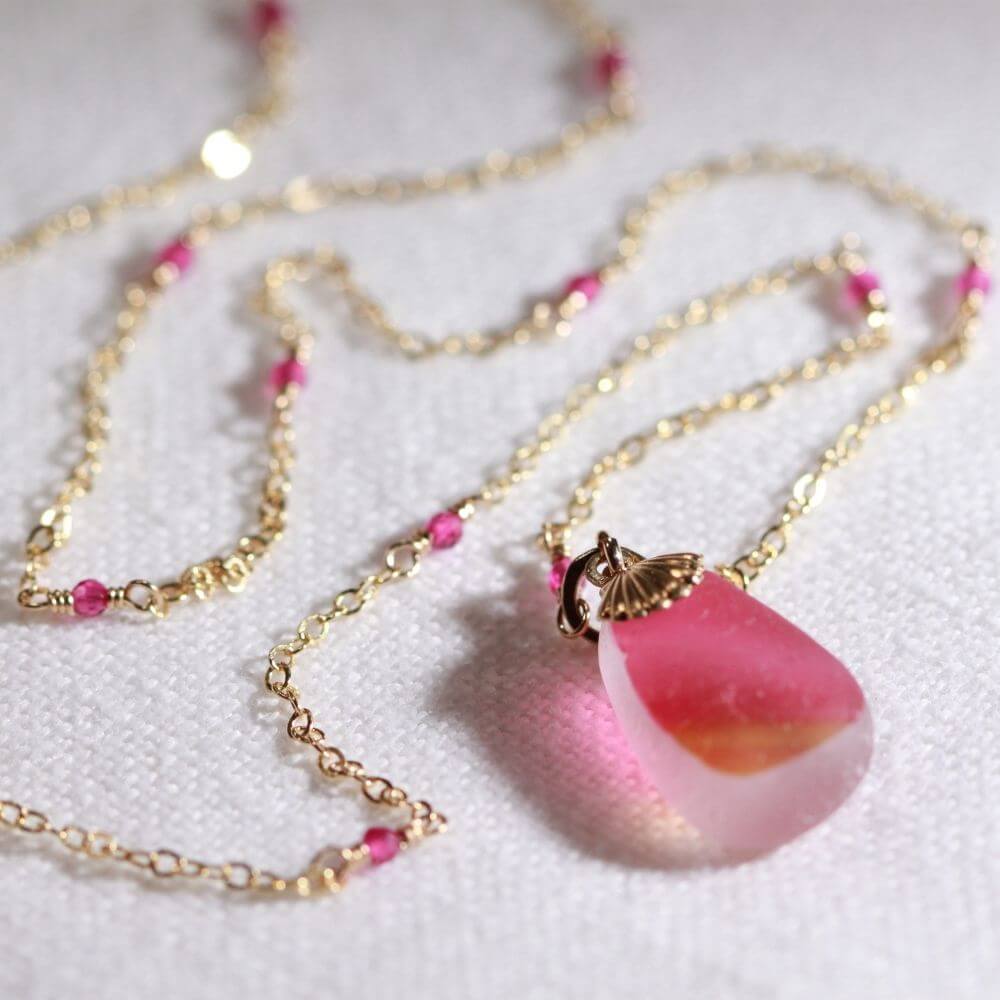 Bright Pink/yellow English Multi sea glass and Ruby gemstone chain in 14kt GF