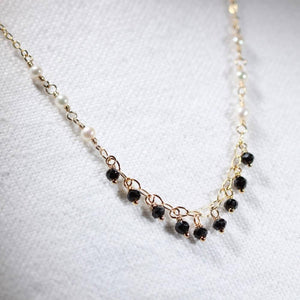 Black Garnet and pearl charm necklace in 14 kt Gold-Filled