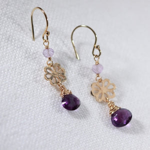 Amethyst and hammered flower Earrings in 14 kt Gold Filled