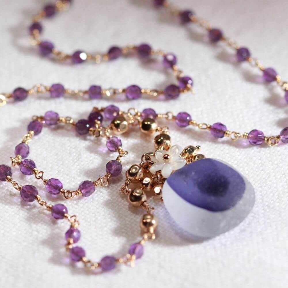 Purple English Multi sea glass and Amethyst gemstone chain in 14kt GF