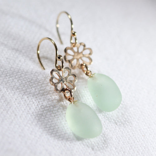 Sea foam Sea Glass Earrings on hand hammered 14 kt gold-filled flowers