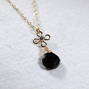 Black Garnet Briolette and flower with CZ Necklace in 14 kt Gold-Filled