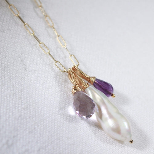 Amethyst and Pearl Briolette Multi Charm Necklace in 14 kt Gold-Filled