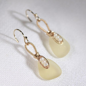 yellow Sea Glass and pearl Earrings in 14 kt gold-filled
