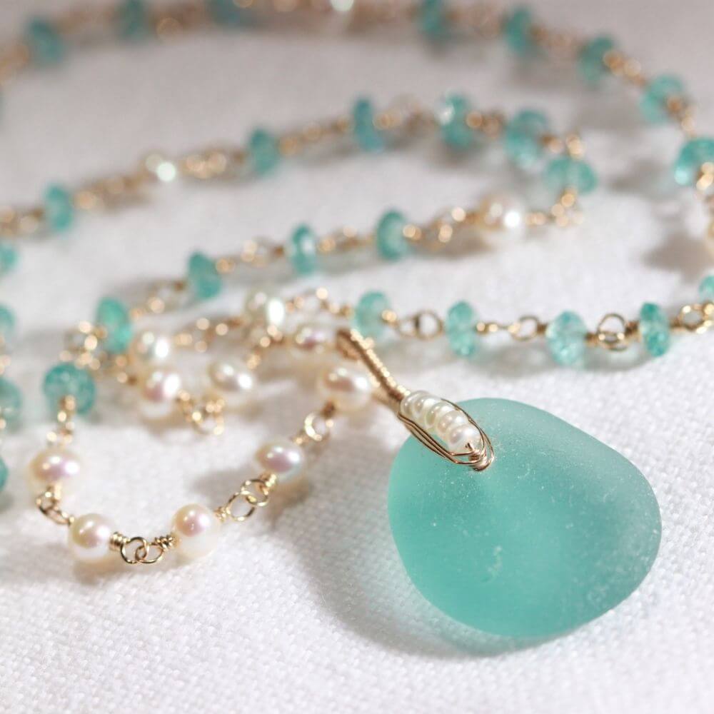 Aqua sea glass, pearl and Apatite gemstone chain in 14kt GF