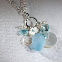 Load image into Gallery viewer, Soft Blue Sea Glass, Blue Topaz and Freshwater Pearl Treasure Necklace