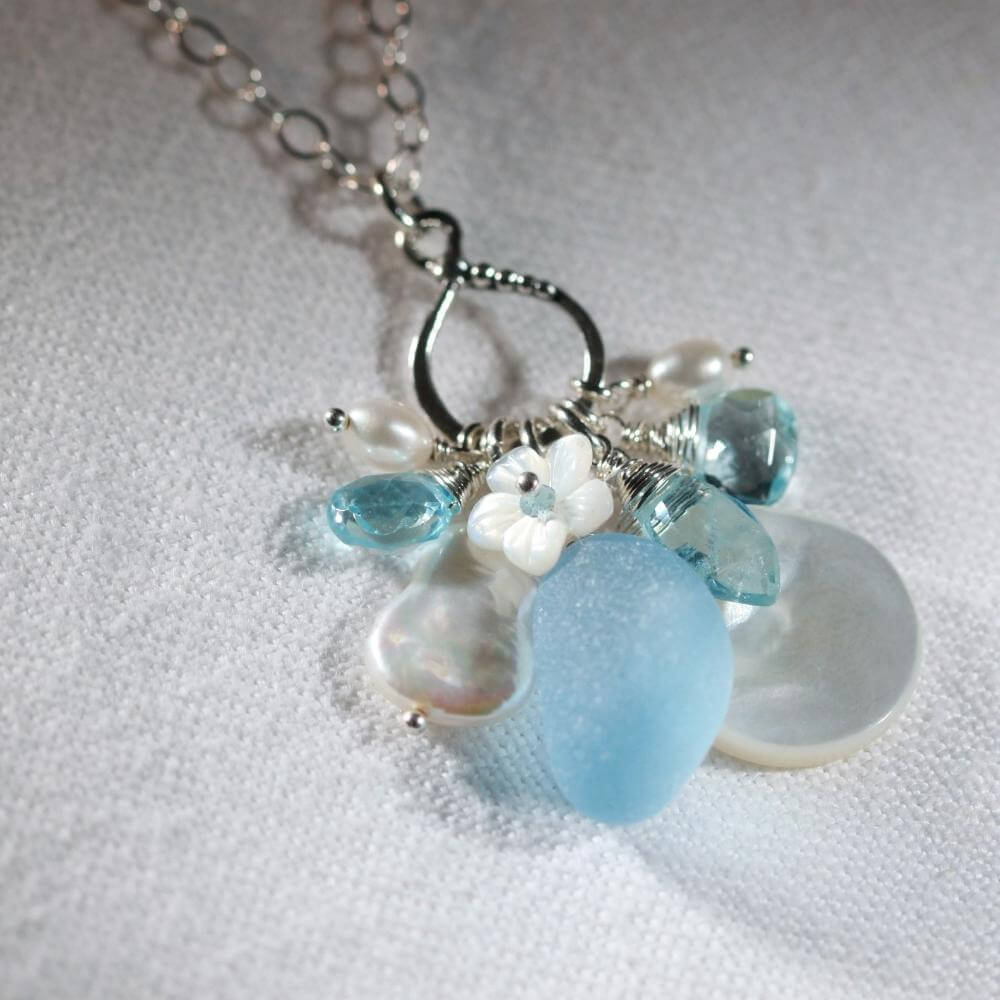 Soft Blue Sea Glass, Blue Topaz and Freshwater Pearl Treasure Necklace