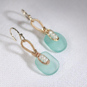 Aqua Sea Glass and pearl Earrings in 14 kt gold-filled