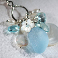 Load image into Gallery viewer, Soft Blue Sea Glass, Blue Topaz and Freshwater Pearl Treasure Necklace