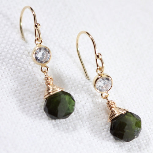 Tourmaline, Green gemstone Dangle Earrings with CZ in 14 kt Gold Filled
