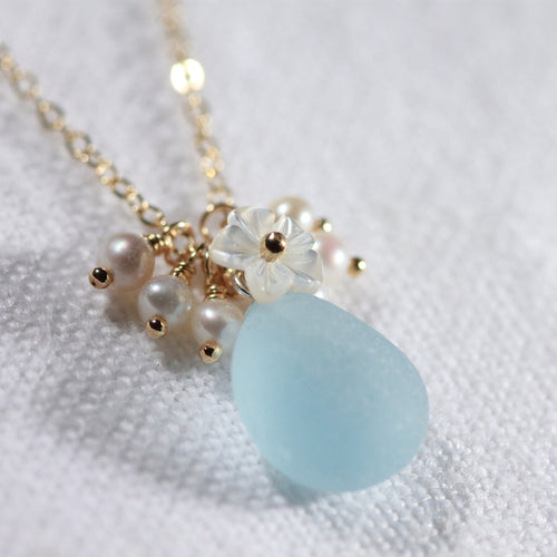 Powder blue Sea Glass, Pearls and MOP carved flower necklace in 14kt GF