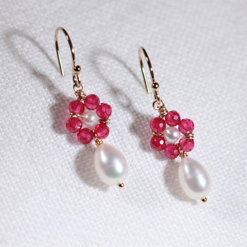 Tourmaline Rubilite Red and pearl flower Earrings in 14 kt Gold Filled
