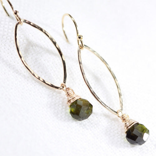 Tourmaline, Green gemstone Hammered marquise Hoop Earrings in 14 kt Gold Filled
