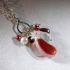Beautiful Rosy red Multi Sea Glas, Pearls and Tourmaline Treasure Necklace