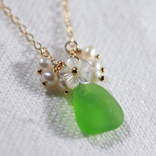 Green Sea Glass, Pearls and MOP carved flower necklace in 14kt GF