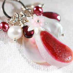 Beautiful Rosy red Multi Sea Glas, Pearls and Tourmaline Treasure Necklace