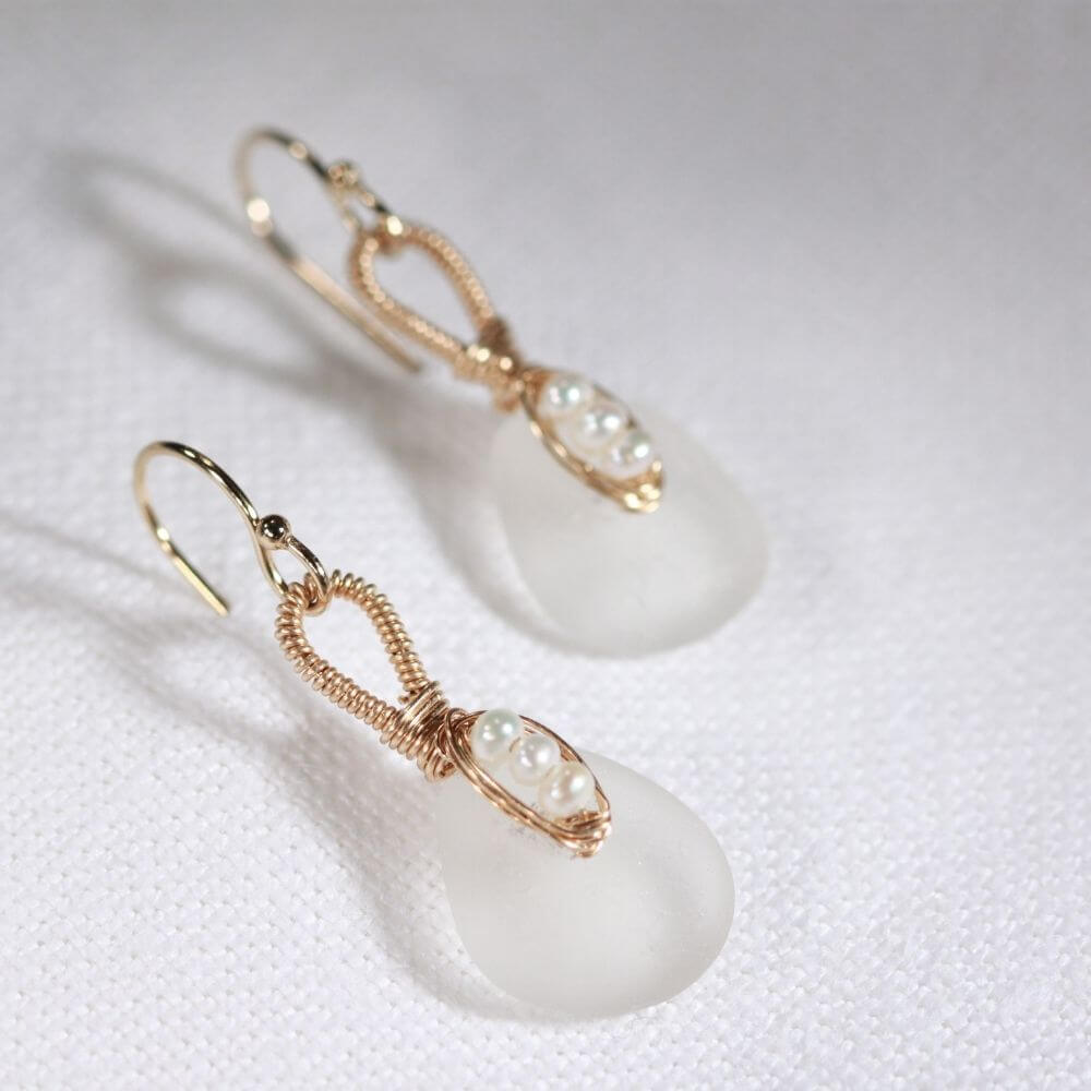 white Sea Glass and pearl Earrings in 14 kt gold-filled