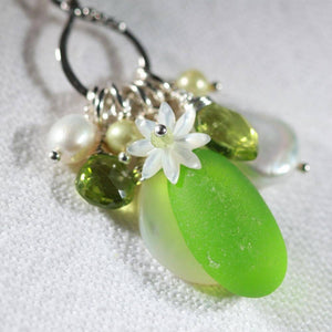 Lime Green Sea Glass, Peridot and Freshwater Pearl Treasure Necklace