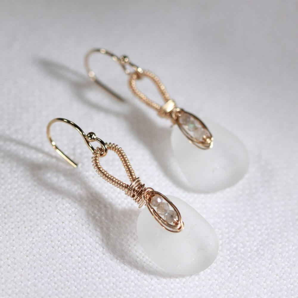 White Sea Glass and Labrodorite Earrings in 14 kt gold-filled