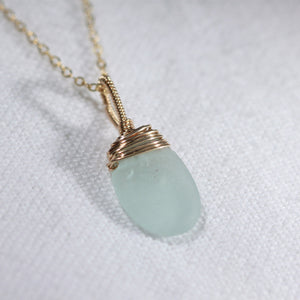 Aqua blue Sea Glass necklace hand wire wrapped in 14kt GF