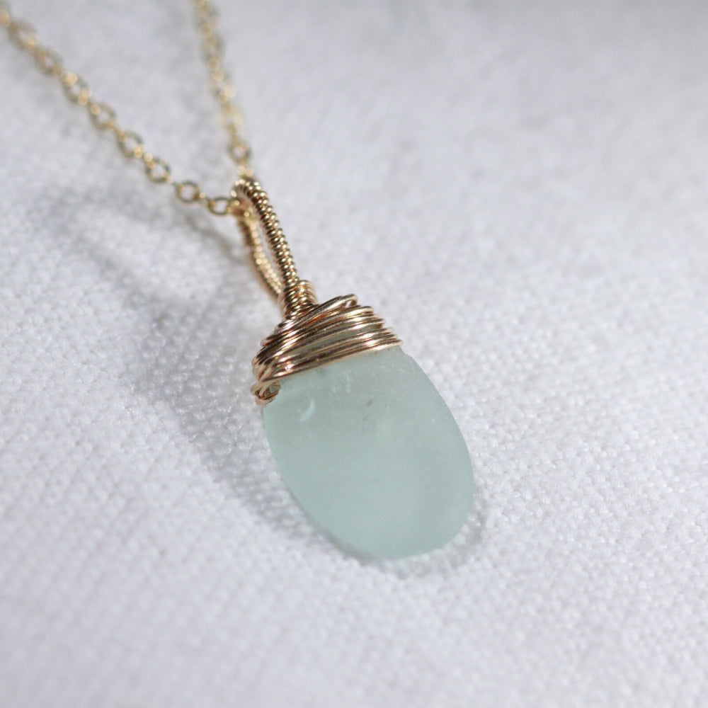 Aqua blue Sea Glass necklace hand wire wrapped in 14kt GF