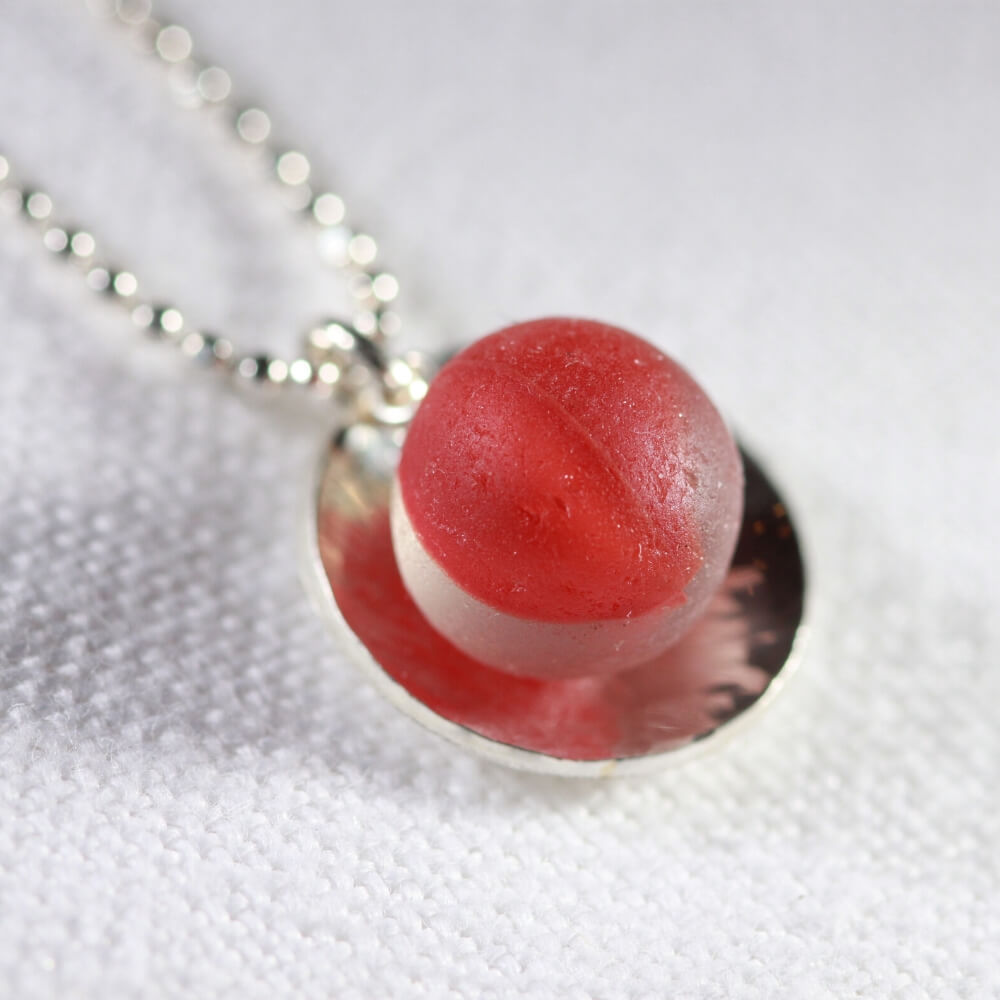 Beachball Cat's Eye Peewee Marble Rare Red One of a Kind Necklace in Sterling Silver