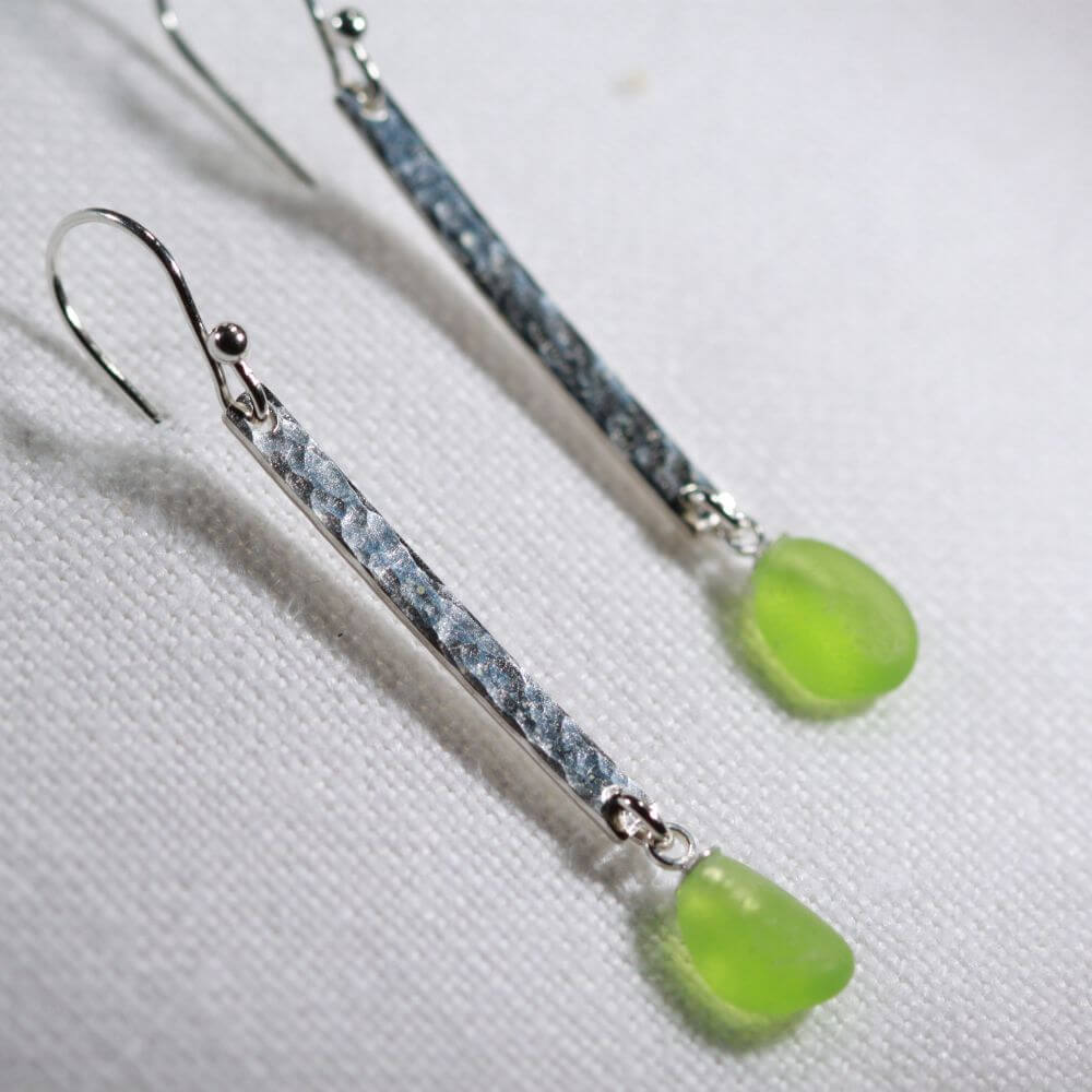 Hammered long Sea Glass Earrings in Silver (Choose Color)