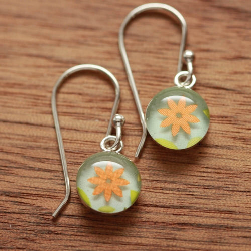 Tiny Flower earrings made from recycled Starbucks gift cards, sterling silver and resin