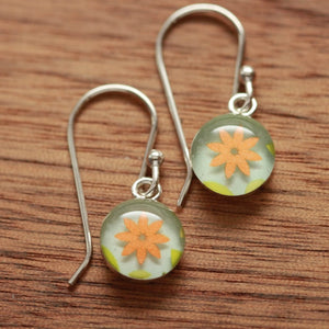 Tiny Flower earrings made from recycled Starbucks gift cards, sterling silver and resin