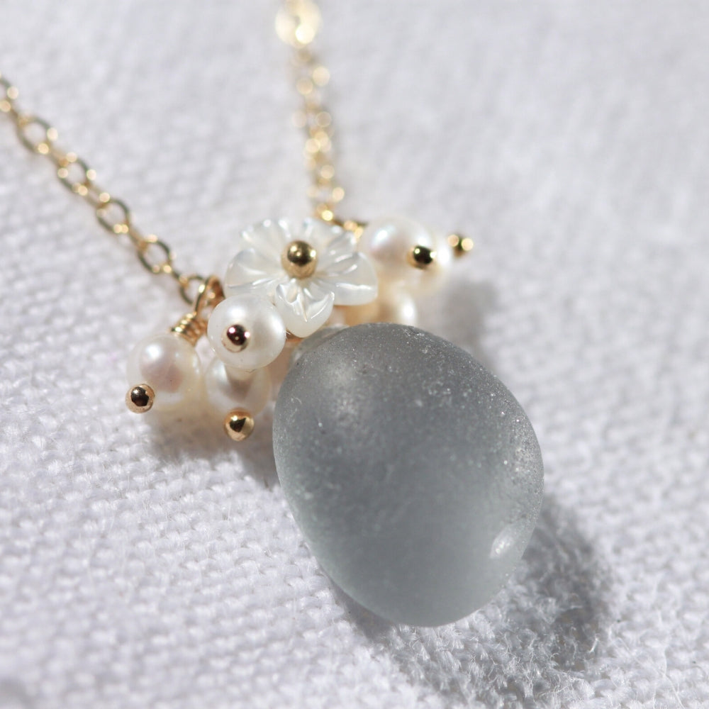 Gray Sea Glass, Pearls and MOP carved flower necklace in 14kt GF