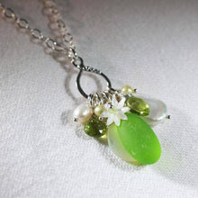 Load image into Gallery viewer, Lime Green Sea Glass, Peridot and Freshwater Pearl Treasure Necklace