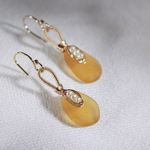 Honey Amber Sea Glass and pearl Earrings in 14 kt gold-filled