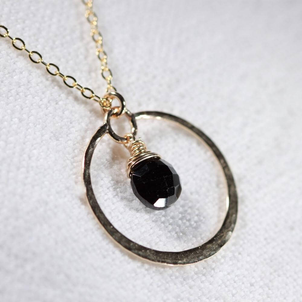Black Garnet Necklace with Hammered hoop in 14kt gold filled