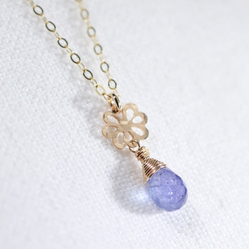 Tanzanite briolette and flower charm pendant Necklace in 14 kt Gold-Filled
