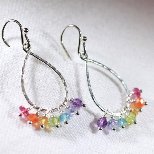 Rainbow gemstone hoop Earrings in Sterling Silver