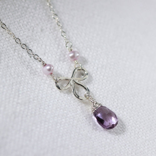 Amethyst Briolette and pearl Pendant Necklace in Sterling Silver