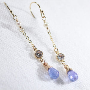 Tanzanite Briolette  and CZ Chain Dangle Earrings in 14 kt Gold Filled
